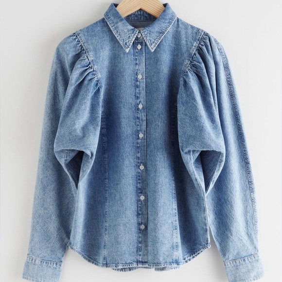& Other Stories Puff Shoulder Cotton Denim Collared Button Down Shirt size 0 - Picture 3 of 13